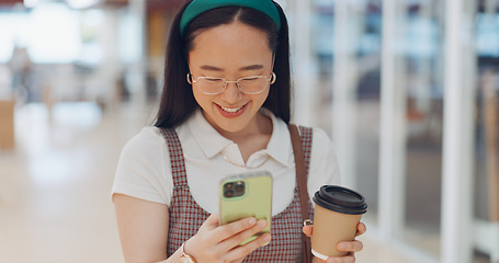 Image showing Digital marketing woman, smile and phone in workplace, social network or chat at communication startup. Asian corporate executive, smartphone or happy for app, web or social media marketing in Tokyo