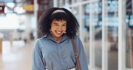 Image showing Business woman, hair and portrait of a happy shy creative employee ready for working. Happiness, black woman and digital marketing worker in a office in the morning smile from web design work