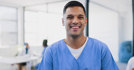 Image showing Face, man and happy nurse in hospital, smiling and ready for tasks. Portrait, medical professional and confident, proud and successful male doctor with vision, mission and wellness goals in clinic.