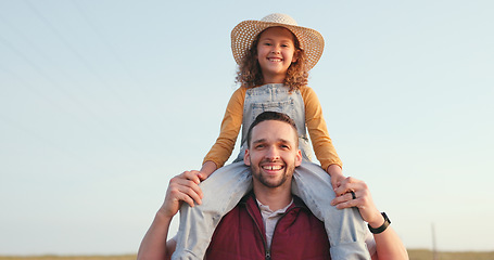 Image showing Family, nature and girl with happy farmer bonding on a farm in summer. Portrait of loving parent and blue sky with a little child, enjoy fresh outdoors together and having fun in a agriculture field