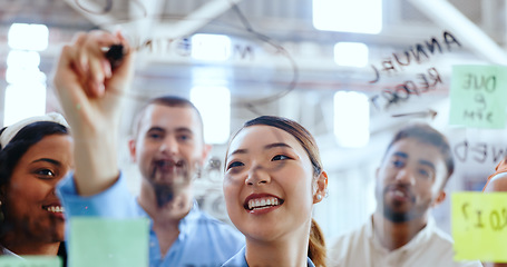 Image showing Asian woman, leader and writing on glass wall, sticky note and business people collabpration for creativity or design training. Teamwork, post it and leadership, coaching or planning goals strategy