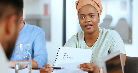 Image showing Documents, black woman and business people in a meeting planning a financial growth strategy in a company. Paperwork, portfolio or employee talking, discussion or speaking of goals, mission or vision