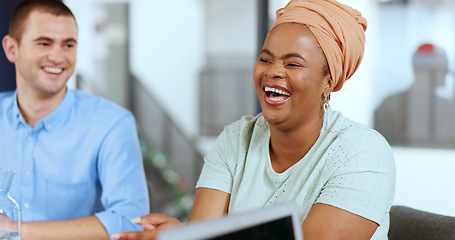 Image showing Office meeting, business woman and corporate report of a company employee happy with client. Innovation strategy, team work idea and work mission data with black woman handing a contract or document