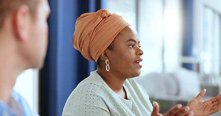 Image showing Business meeting, leadership and black woman talking with business people. Speaker, mentor or ceo, boss or manager discussing or brainstorming creative sales ideas with coworkers in company workplace