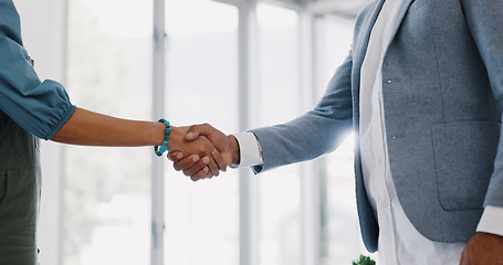 Image showing Handshake, office and business people in partnership, agreement or onboarding b2b contract. Meeting, company deal and professional colleagues shaking hands for welcome or greeting in the workplace.