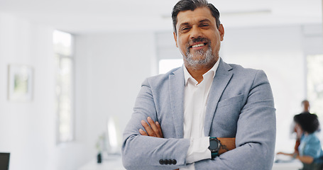 Image showing Senior businessman, portrait and crossed arms in office happy for leadership, management success vision and corporate ceo smile. Elderly manager, employee goals happiness and confident business owner