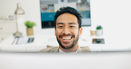 Image showing Internet, search and businessman on a computer for planning, creative and happy in office. Male, entrepreneur and handsome, corporate and employee typing, browsing and email, smile and satisfied