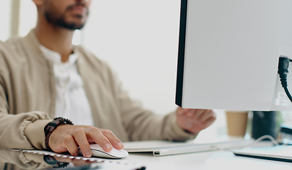 Image showing Office laptop, hands and businessman typing feedback review of social media, customer experience or e commerce website. Data analytics, research report and media analyst doing online survey analysis