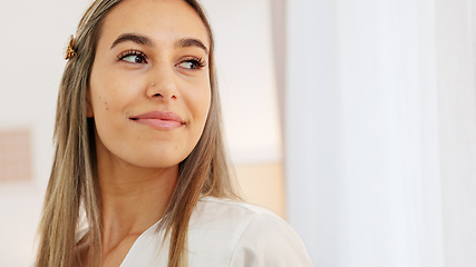 Image showing Woman, hair and jewelry look in mirror to check face, makeup and fashion to start day. Girl, beauty and happy look at reflection with smile for cosmetics, clothes and glow on skin while home in Paris