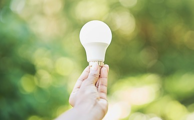 Image showing Outdoor, renewable energy and hand with light bulb, green and power development for positive impact. Holding bulb, eco friendly and nature with carbon footprint, ideas for change and sustainability