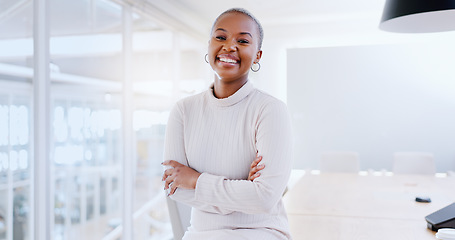 Image showing Happy, face and black woman in office building for business management, leadership and vision. Portrait, arms crossed and professional young female in startup agency for success, smile and motivation