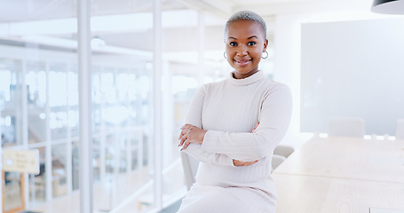 Image showing Happy, face and black woman in office building for business management, leadership and vision. Portrait, arms crossed and professional young female in startup agency for success, smile and motivation