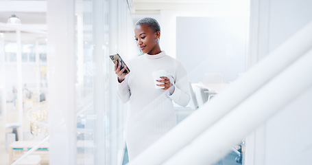 Image showing Black woman, phone and laughing for social media, communication or texting at the corporate office. African American female business woman smiling with mobile smartphone and chatting at the workplace