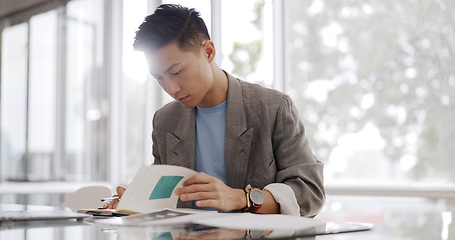 Image showing Businessman, writing report and documents with business plan proposal in conference room and company strategy in Japan. Employee focus, Asian man working with notes and pen, development and growth
