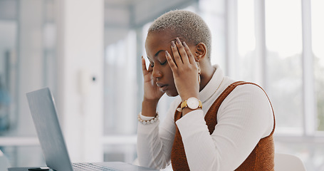 Image showing Stress, burnout and headache of black woman on laptop typing email in office at marketing company. Anxiety, tired and migraine of employee frustrated thinking of professional online response.