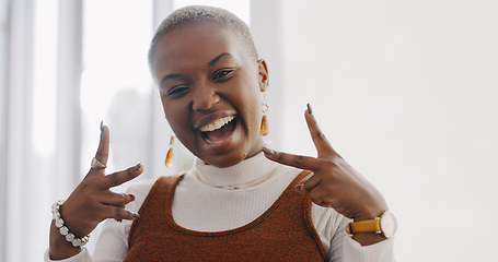 Image showing Hands, peace and face of black woman in the office with happiness, success and leadership in corporate career. Business, mindset and female worker with peace sign for vision, goals and motivation