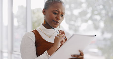 Image showing Business, thinking and black woman writing on documents working on report, project and proposal. Vision, ideas and busy female worker with paperwork in office brainstorming, planning and strategy