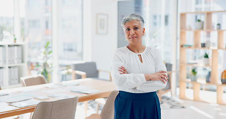 Image showing Senior, ceo or face of a woman in leadership with pride, success or growth mindset in a office building. Portrait, mentor or executive manager with business experience, marketing knowledge or vision
