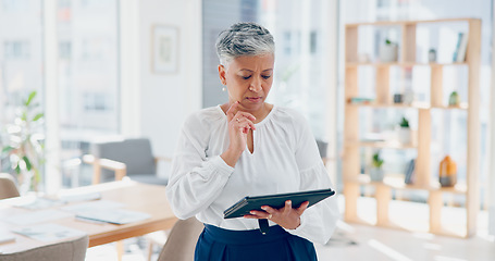 Image showing Thinking, business woman and tablet planning in office for online strategy, innovation ideas or data analytics. Mature female manager, digital technology and website research for corporate management