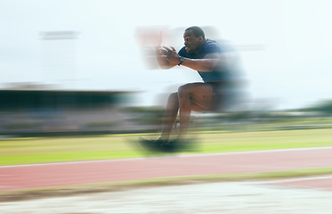 Image showing Black man, fitness and high jump exercise at stadium for training, workout or practice. Sports, health and male athlete exercising and jumping for fast performance, endurance and competition outdoors