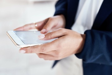 Image showing Hands, phone screen and black woman in office with typing, communication and texting on chat app. Networking, smartphone and reading on iot ux, schedule or planning for start to morning in workplace