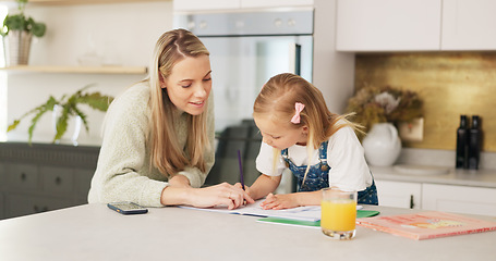 Image showing Education, mother and girl writing in kitchen for school task, assignment or homework. Help, learning and mom with child teaching, explaining or helping kid in home in the morning with books on table