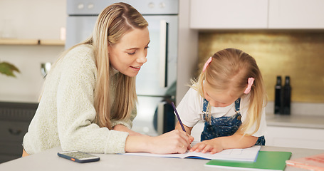 Image showing Education, mother and learning child writing or drawing for kindergarten school homework or project in a house. Support, development and mama helping or working with a smart and creative girl student