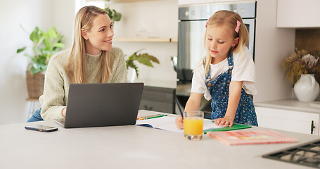 Image showing Education, mother and girl writing in kitchen for school task, assignment or homework. Help, learning and mom with child teaching, explaining or helping kid in home in the morning with books on table