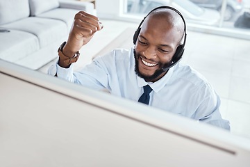 Image showing Customer support computer, consulting celebration or happy man telemarketing on contact us CRM or African telecom. Call center fist pump, online ecommerce or excited information technology consultant