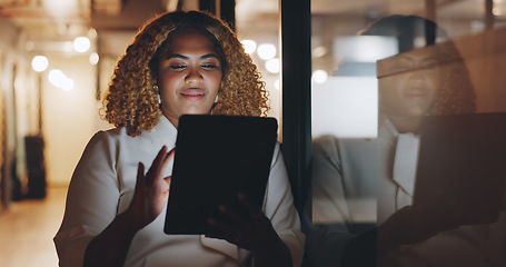 Image showing Black woman with tablet for research, business and project management, planning and reading email at office. Digital report, networking and strategy with data analysis and scroll internet for ideas.