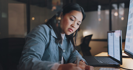 Image showing Woman, writing and office in night, planning and focus at desk for strategy, target and kpi in marketing. Asian corporate executive, notebook and computer for vision, mission and schedule in Tokyo