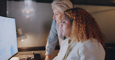 Image showing Office, overtime and woman with manager at computer, coaching for worker on online project for digital marketing company. Teamwork, advice and support from management for girl working late at night.