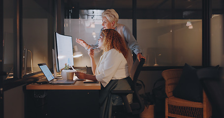 Image showing Office, overtime and woman with manager at computer, coaching for worker on online project for digital marketing company. Teamwork, advice and support from management for girl working late at night.