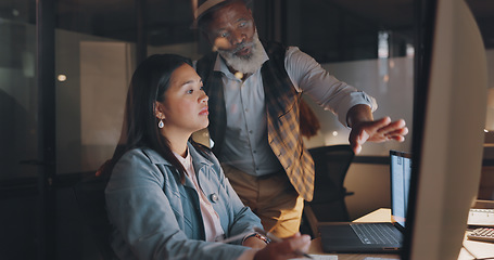 Image showing Office, overtime and woman with manager at computer, coaching for worker on online project for digital marketing company. Teamwork, advice and support from management for girl working late at night.