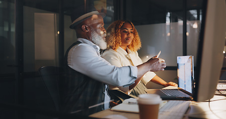 Image showing Teamwork, overtime and advice, man and woman in office working on design project and sharing ideas. Late night research, teamwork and consulting, content marketing at designer brand company in Africa