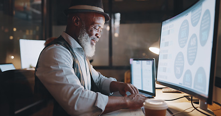 Image showing Businessman, focus and computer, typing and working overtime, journalist writing article for newspaper. Office, night and professional at desk, computer screen and technology with deadline.