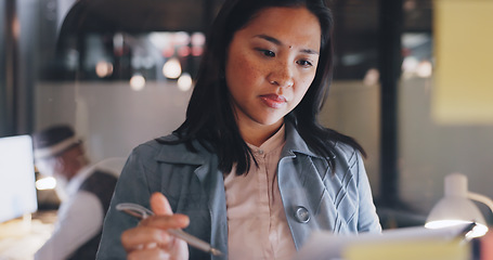 Image showing Sticky note, writing or woman planning a strategy for financial, sales or business growth in an office at night. Focus, data analysis or employee thinking of goals, mission or vision working on ideas