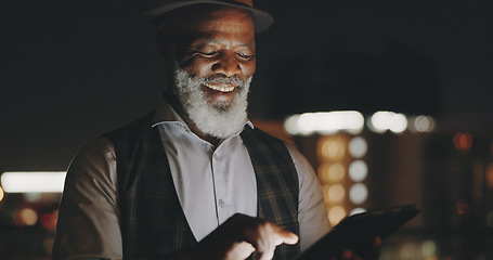 Image showing Success, celebration and black man with phone on city rooftop at night. Winner, wow and surprised businessman fist pump with 5g tablet in town celebrating win, good news or financial goals