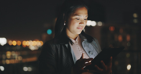 Image showing Night balcony, tablet or city woman typing social network feedback, customer experience or e commerce. Brand monitoring data, website research or Asian media worker analysis of online survey review