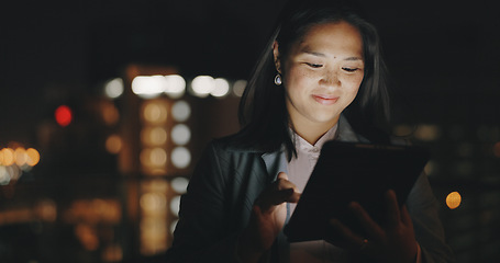 Image showing Night balcony, tablet or city woman typing social network feedback, customer experience or e commerce. Brand monitoring data, website research or Asian media worker analysis of online survey review