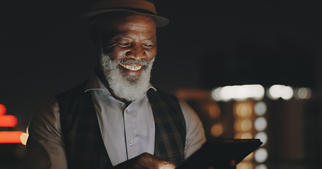 Image showing Success, celebration and black man with phone on city rooftop at night. Winner, wow and surprised businessman fist pump with 5g tablet in town celebrating win, good news or financial goals