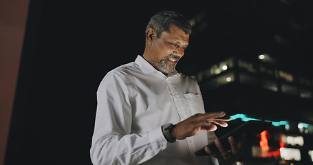 Image showing Success, celebration and black man with phone on city rooftop at night. Winner, wow and surprised businessman fist pump with 5g tablet in town celebrating win, good news or financial goals