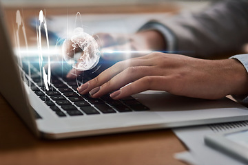 Image showing Hands, laptop and 3D globe hologram for global communication or networking on office desk. Hand typing on futuristic computer tech for digital innovation, network or big data in social media on table