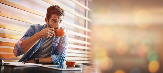 Image showing Creative businessman, drinking coffee and mockup thinking for idea or vision at cafe on overlay and bokeh. Male freelancer wondering with cup of drink in thought for project plan, strategy or startup