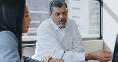 Image showing Businessman, corporate woman and laptop for planning, teamwork and strategy in office with diversity. Senior executive, team and brainstorming for innovation, vision and motivation at finance agency