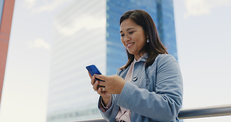 Image showing Woman, takeaway coffee or phone in city on social media app, internet news or travel schedule in Singapore location. Happy smile, urban tourist or mobile communication technology with recycle tea cup