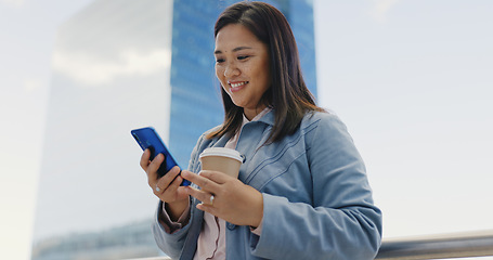 Image showing Woman, takeaway coffee or phone in city on social media app, internet news or travel schedule in Singapore location. Happy smile, urban tourist or mobile communication technology with recycle tea cup