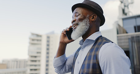 Image showing Phone call, business and black man talking in city, laughing and chatting. Cellphone, communication and senior male on 5g mobile smartphone networking, discussion or comic conversation with contact.