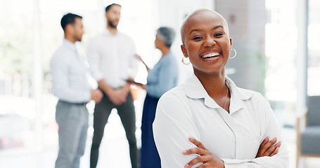 Image showing Face of a business black woman proud and happy with company values, mission and inclusion culture in office. Workplace, corporate and smile of african employee or worker vision, goals and laughing