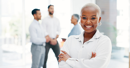 Image showing Face of a business black woman proud and happy with company values, mission and inclusion culture in office. Workplace, corporate and smile of african employee or worker vision, goals and laughing